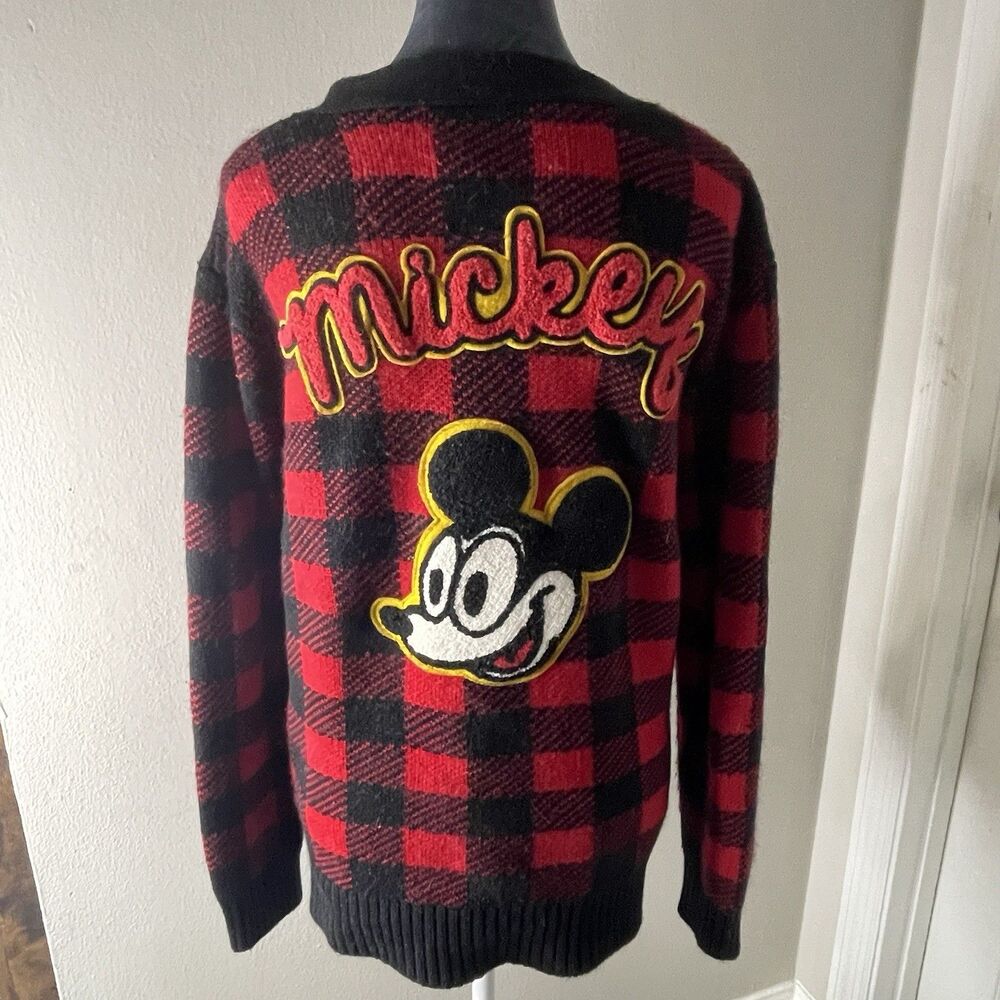 Mickey Mouse Cardigan Sweater Womens Medium Buffalo Plaid Disney Forever 21 Red